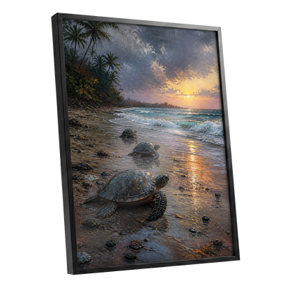 Turtles at Golden Tide, blue, brown, gold nature wall art shown as a black framed poster wall art print