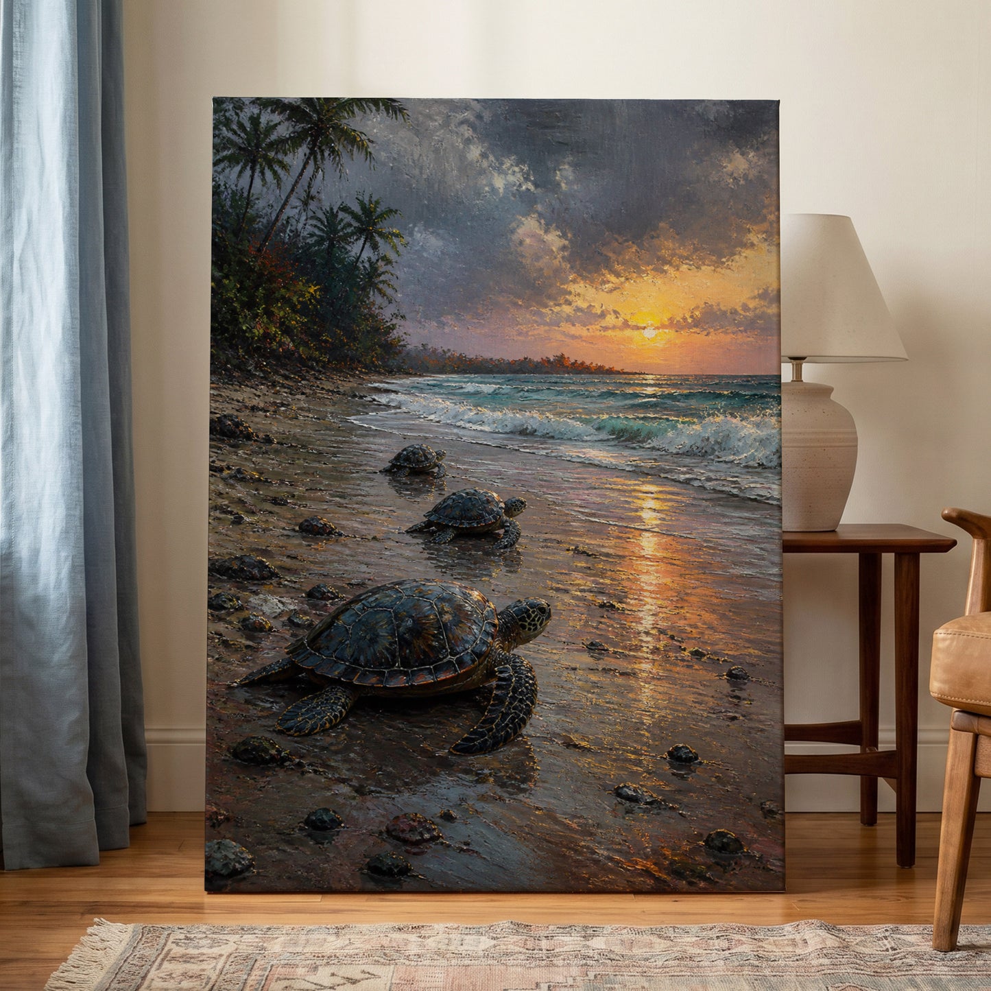 Turtles at Golden Tide, blue, brown, gold nature wall art on canvas displayed in a styled interior, gallery view 1