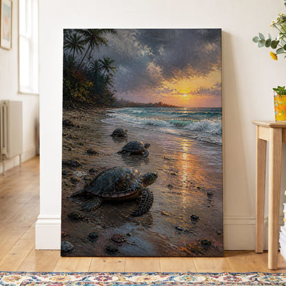 Turtles at Golden Tide, blue, brown, gold nature wall art on canvas displayed in a styled interior, gallery view 2