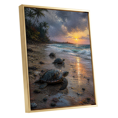 Turtles at Golden Tide, blue, brown, gold nature wall art shown as a gold framed canvas wall art