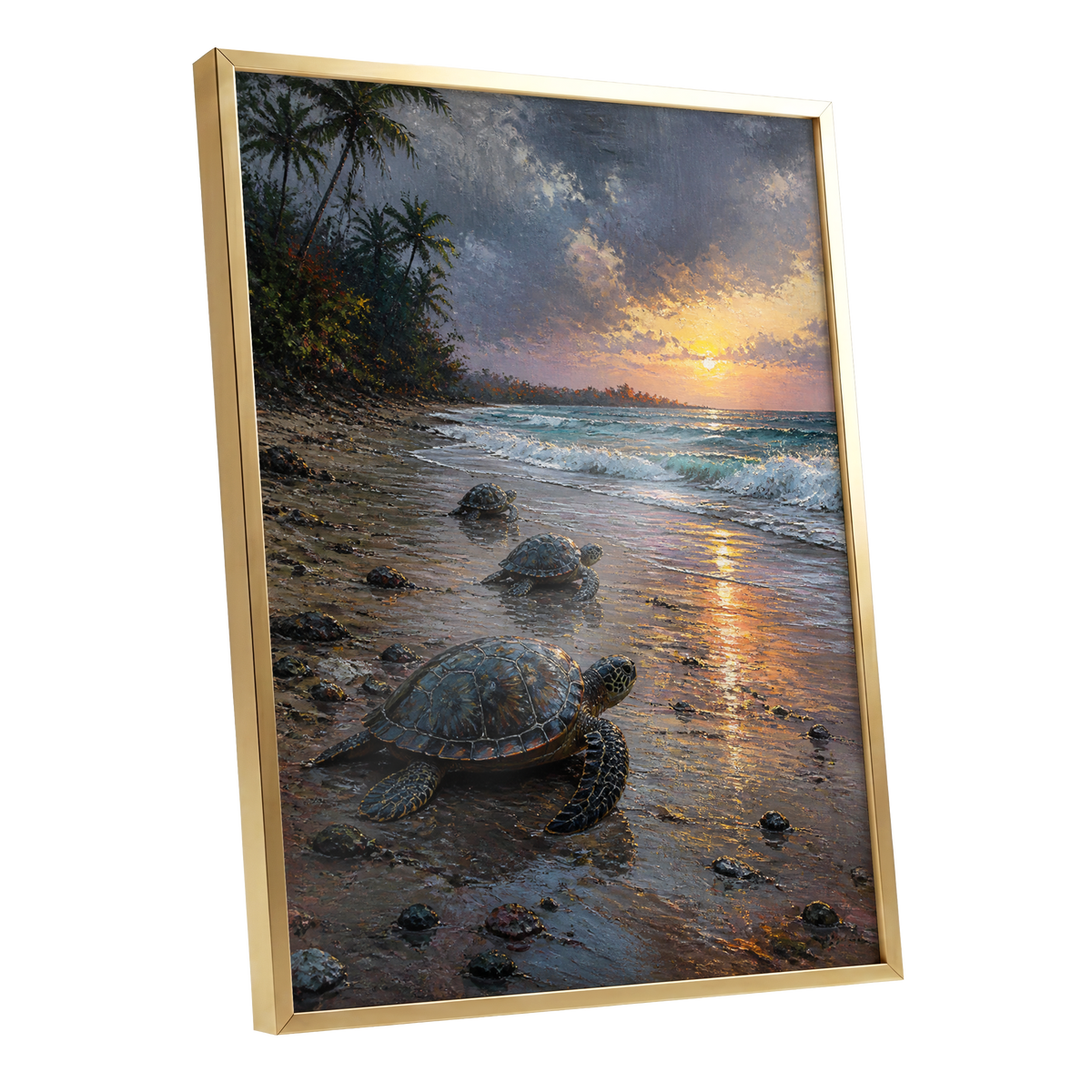 Turtles at Golden Tide, blue, brown, gold nature wall art shown as a gold framed poster wall art print