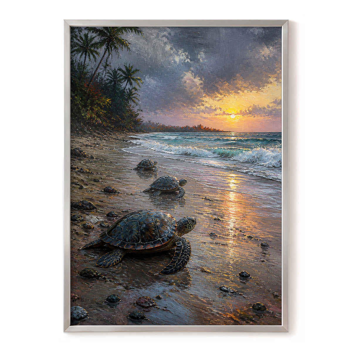 Turtles at Golden Tide, blue, brown, gold nature wall art, front artwork view