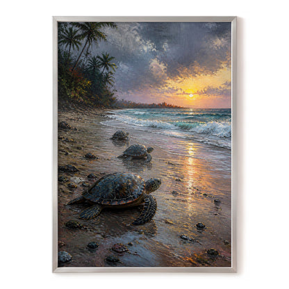 Turtles at Golden Tide, blue, brown, gold nature wall art, front artwork view