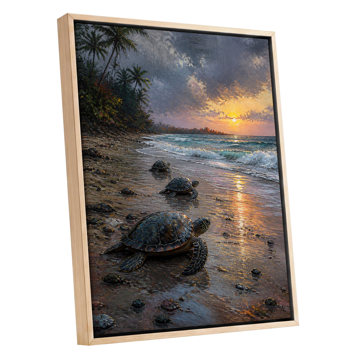 Turtles at Golden Tide, blue, brown, gold nature wall art shown as a oak framed canvas wall art