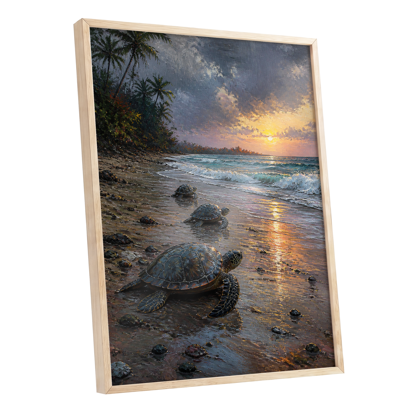 Turtles at Golden Tide, blue, brown, gold nature wall art shown as a oak framed poster wall art print