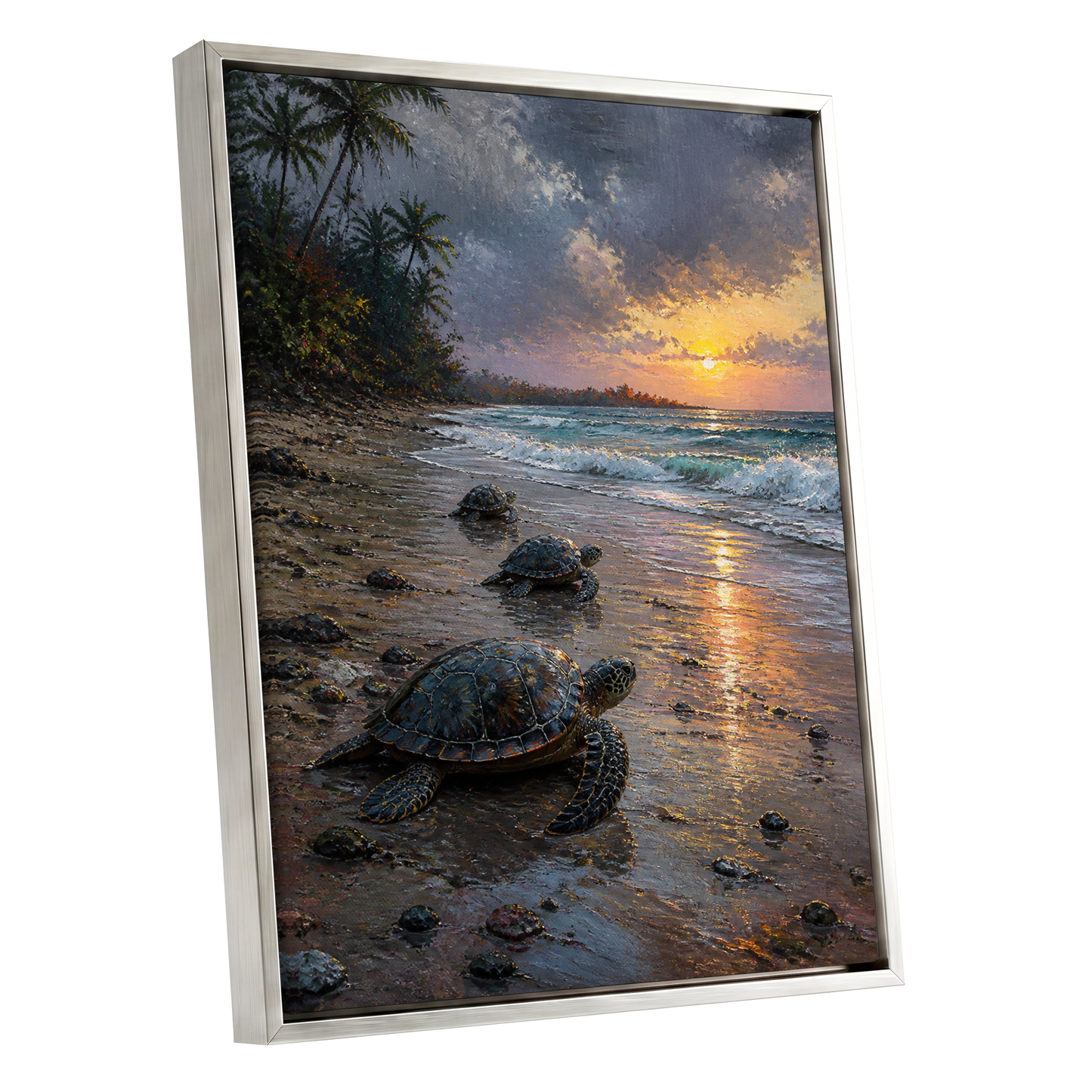 Turtles at Golden Tide, blue, brown, gold nature wall art shown as a silver framed canvas wall art
