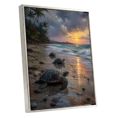 Turtles at Golden Tide, blue, brown, gold nature wall art shown as a silver framed canvas wall art