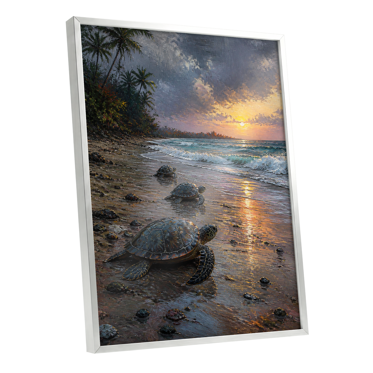 Turtles at Golden Tide, blue, brown, gold nature wall art shown as a silver framed poster wall art print