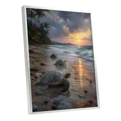 Turtles at Golden Tide, blue, brown, gold nature wall art shown as a silver framed poster wall art print