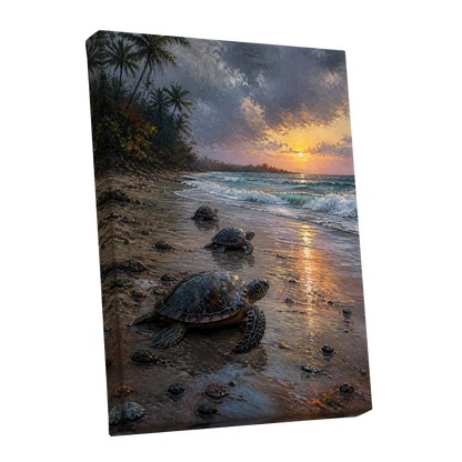 Turtles at Golden Tide, blue, brown, gold nature wall art shown as a stretched canvas wall art