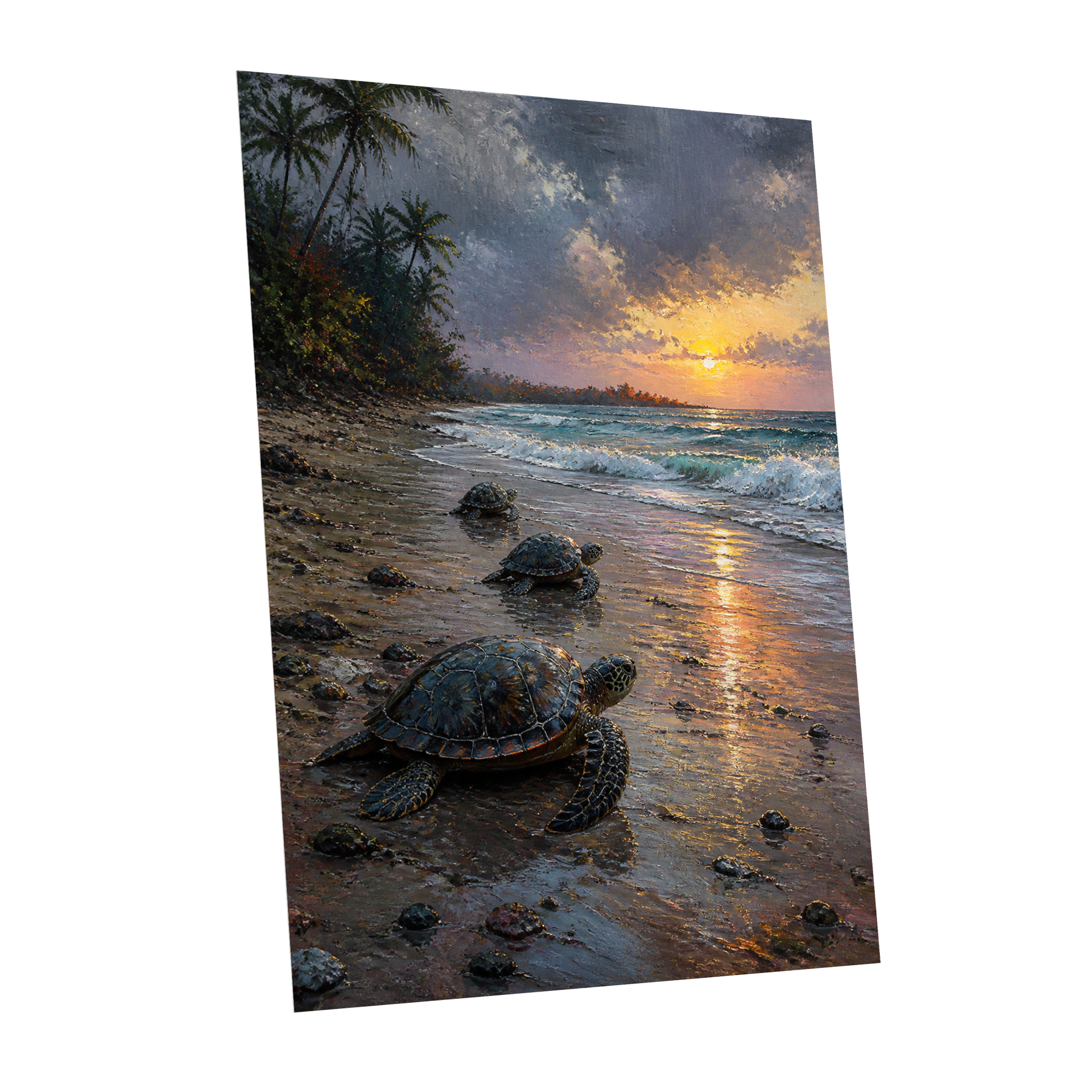 Turtles at Golden Tide, blue, brown, gold nature wall art shown as a unframed poster wall art print