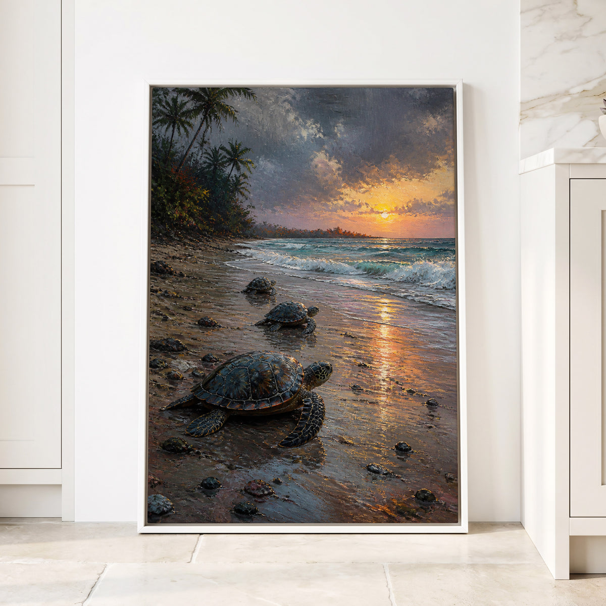 Turtles at Golden Tide, blue, brown, gold nature wall art displayed in a styled interior, gallery view 1