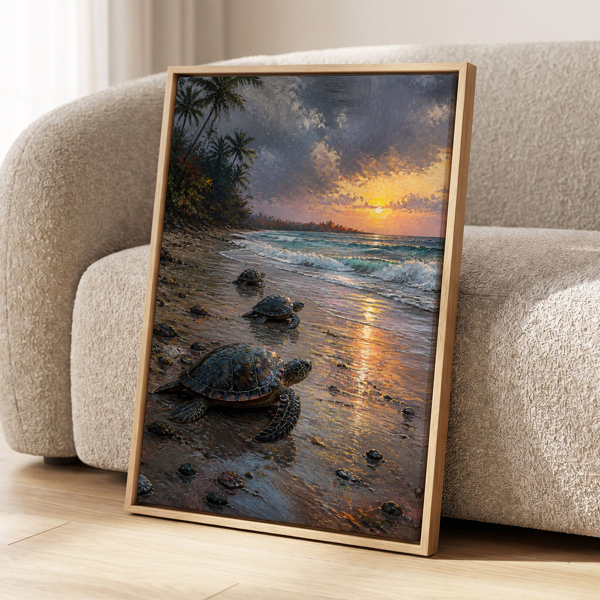 Turtles at Golden Tide, blue, brown, gold nature wall art displayed in a styled interior, gallery view 2