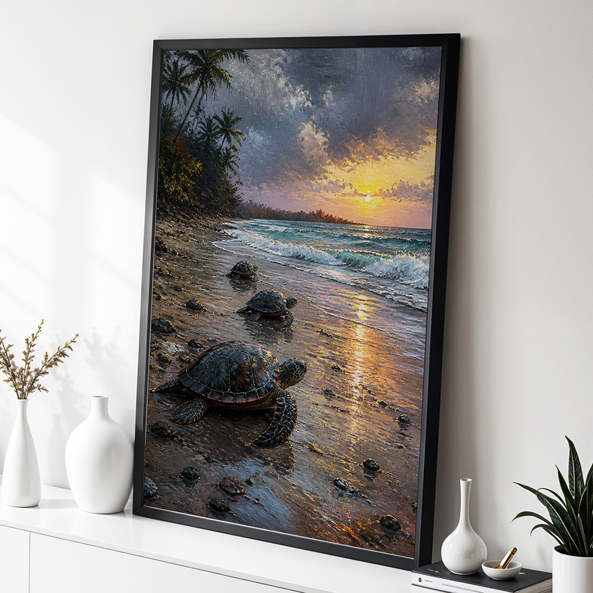 Turtles at Golden Tide, blue, brown, gold nature wall art displayed in a styled interior, gallery view 3