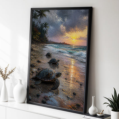Turtles at Golden Tide, blue, brown, gold nature wall art displayed in a styled interior, gallery view 3