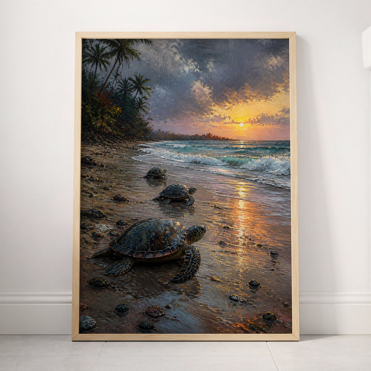 Turtles at Golden Tide, blue, brown, gold nature wall art displayed in a styled interior, gallery view 4