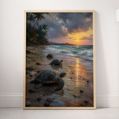 Turtles at Golden Tide, blue, brown, gold nature wall art displayed in a styled interior, gallery view 4