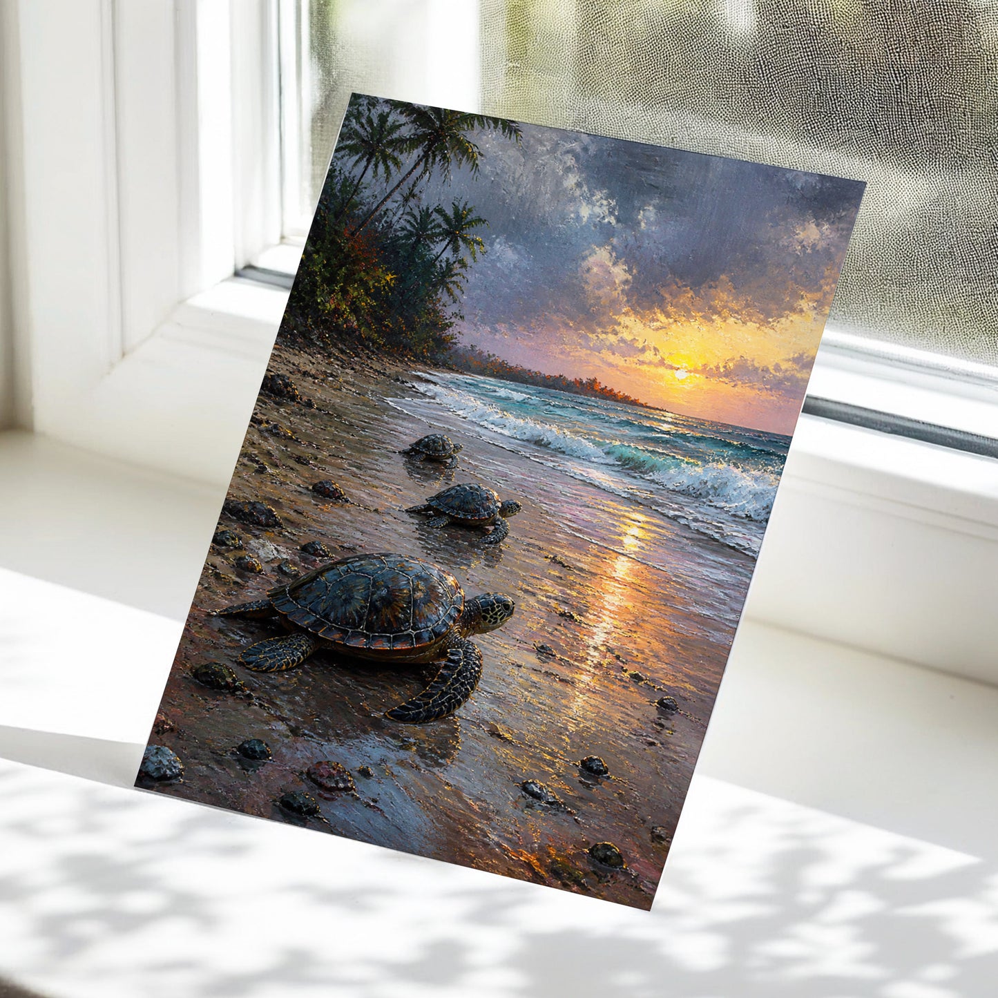 Turtles at Golden Tide, blue, brown, gold nature wall art displayed in a styled interior, gallery view 5