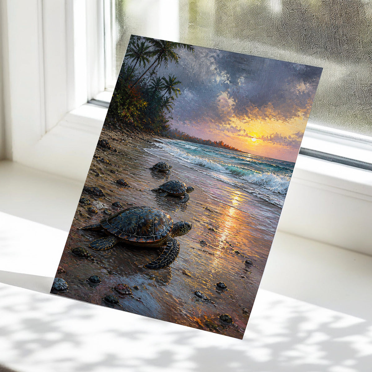 Turtles at Golden Tide, blue, brown, gold nature wall art displayed in a styled interior, gallery view 5