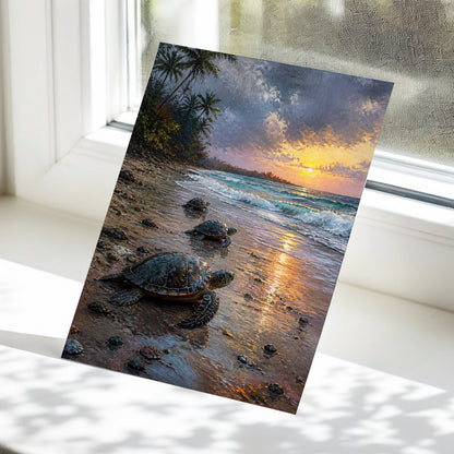 Turtles at Golden Tide, blue, brown, gold nature wall art displayed in a styled interior, gallery view 5