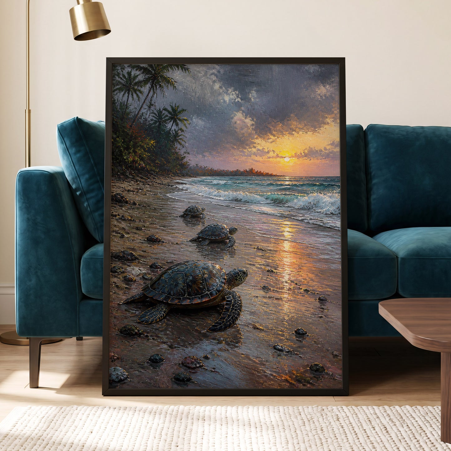 Turtles at Golden Tide, blue, brown, gold nature wall art displayed in a styled interior, gallery view 6
