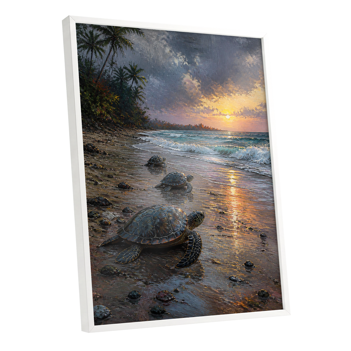 Turtles at Golden Tide, blue, brown, gold nature wall art shown as a white framed poster wall art print