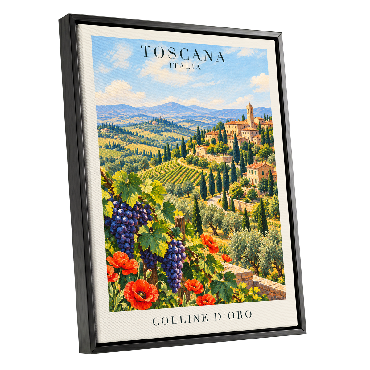Tuscan Golden Hills, green, blue, beige nature wall art shown as a black framed canvas wall art