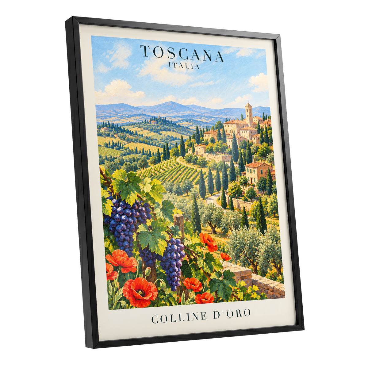 Tuscan Golden Hills, green, blue, beige nature wall art shown as a black framed poster wall art print