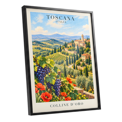 Tuscan Golden Hills, green, blue, beige nature wall art shown as a black framed poster wall art print