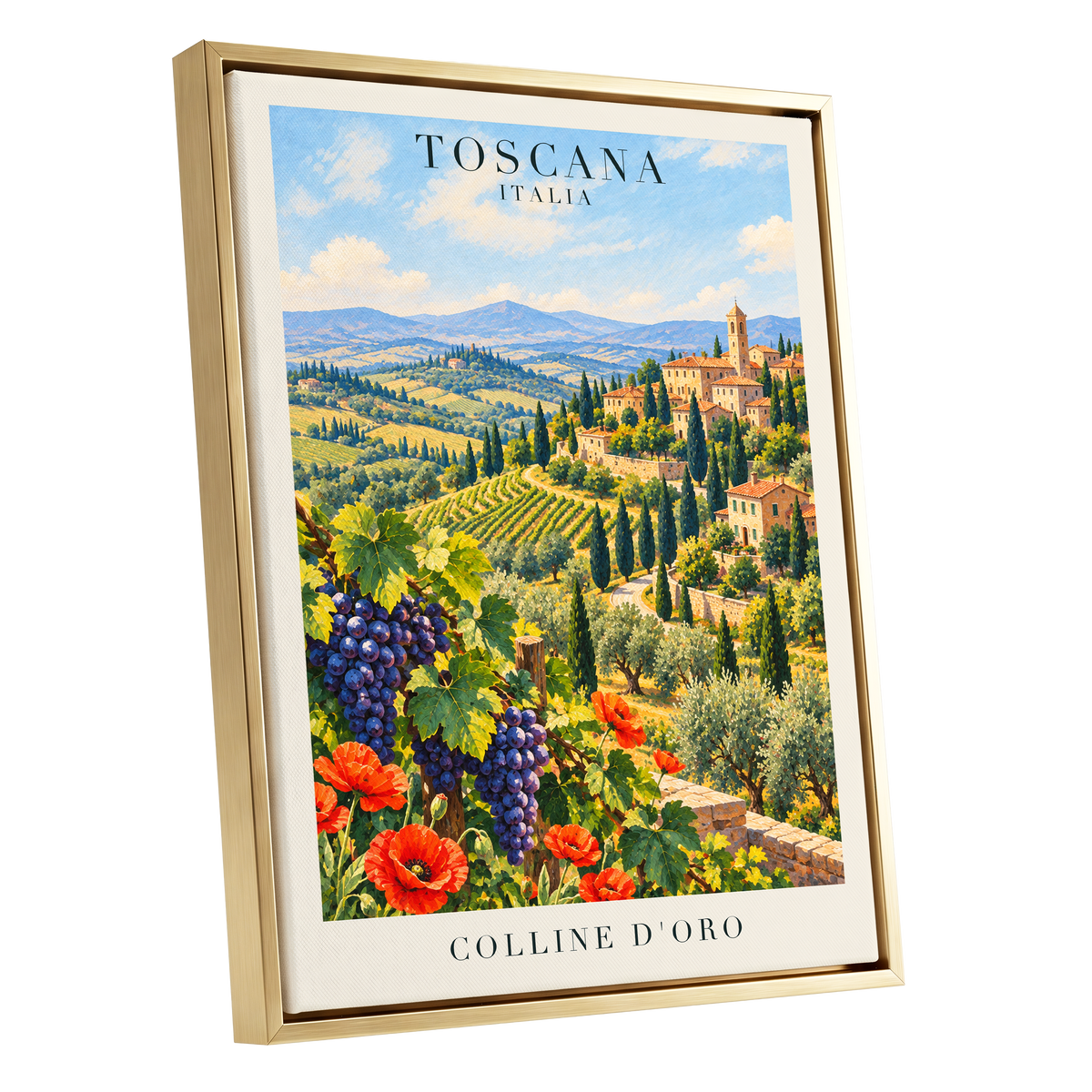 Tuscan Golden Hills, green, blue, beige nature wall art shown as a gold framed canvas wall art