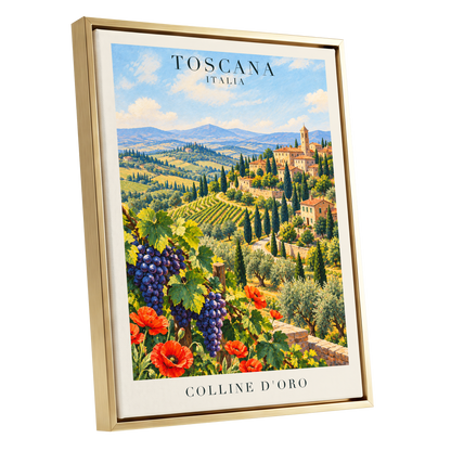 Tuscan Golden Hills, green, blue, beige nature wall art shown as a gold framed canvas wall art