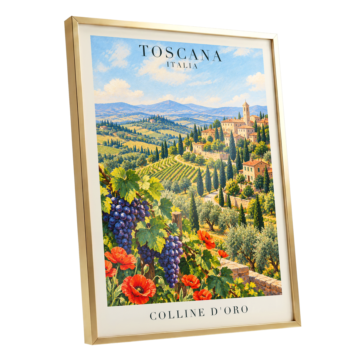 Tuscan Golden Hills, green, blue, beige nature wall art shown as a gold framed poster wall art print
