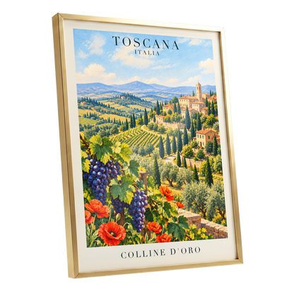 Tuscan Golden Hills, green, blue, beige nature wall art shown as a gold framed poster wall art print