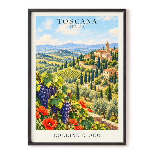 Tuscan Golden Hills, green, blue, beige nature wall art, front artwork view
