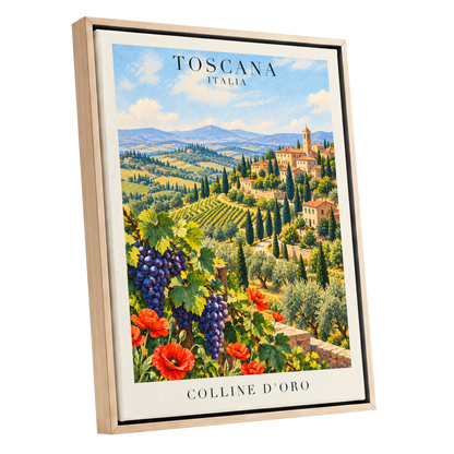 Tuscan Golden Hills, green, blue, beige nature wall art shown as a oak framed canvas wall art