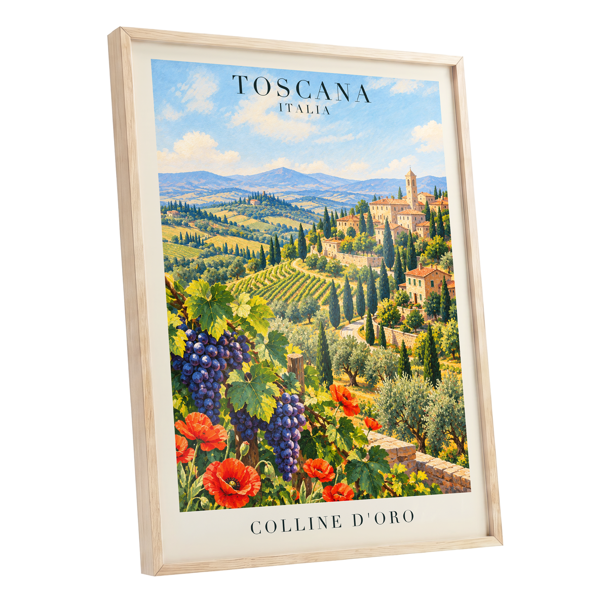 Tuscan Golden Hills, green, blue, beige nature wall art shown as a oak framed poster wall art print