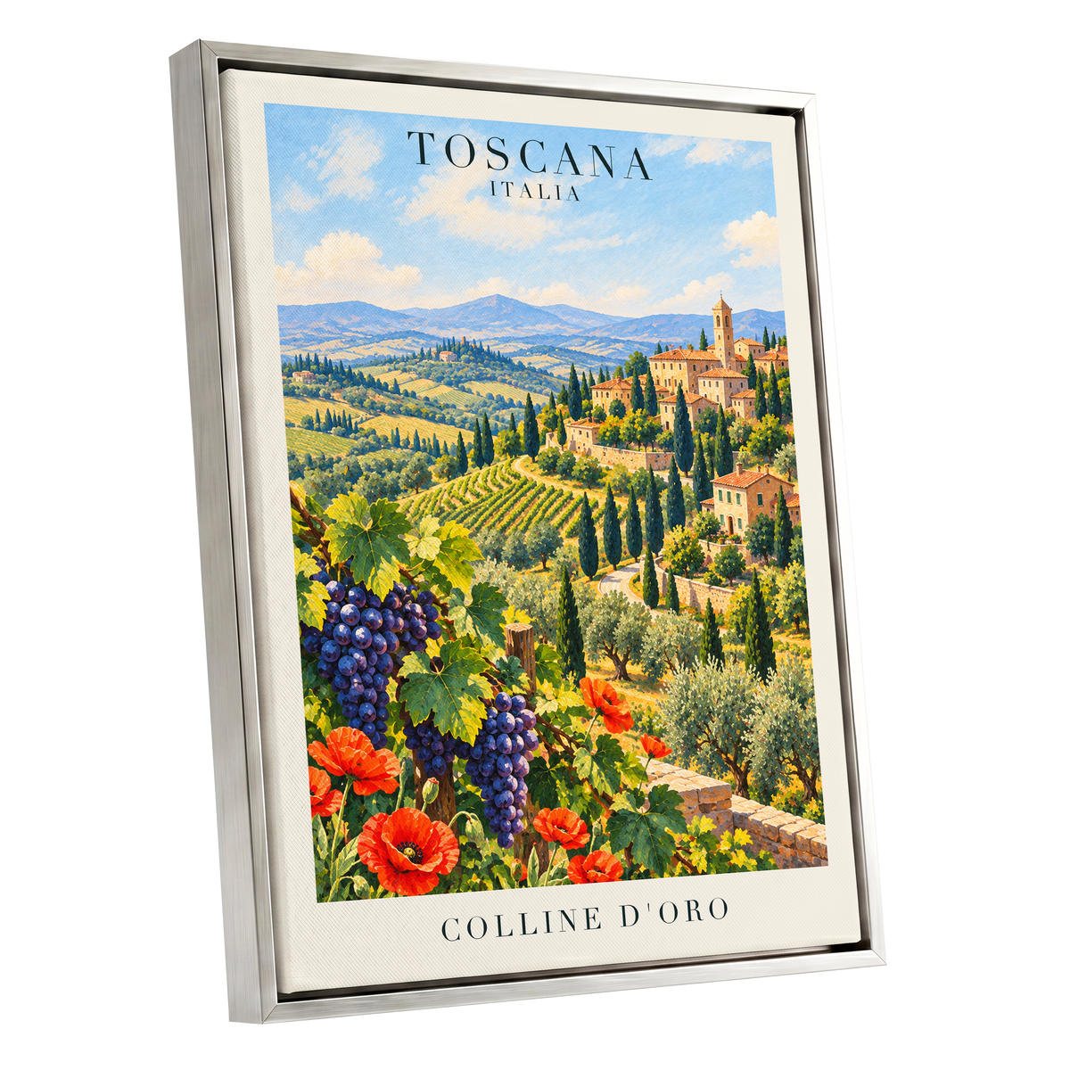 Tuscan Golden Hills, green, blue, beige nature wall art shown as a silver framed canvas wall art