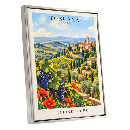 Tuscan Golden Hills, green, blue, beige nature wall art shown as a silver framed canvas wall art