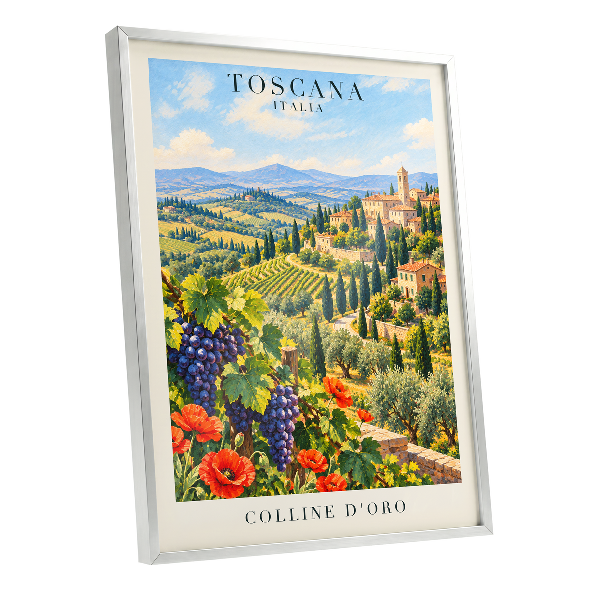 Tuscan Golden Hills, green, blue, beige nature wall art shown as a silver framed poster wall art print