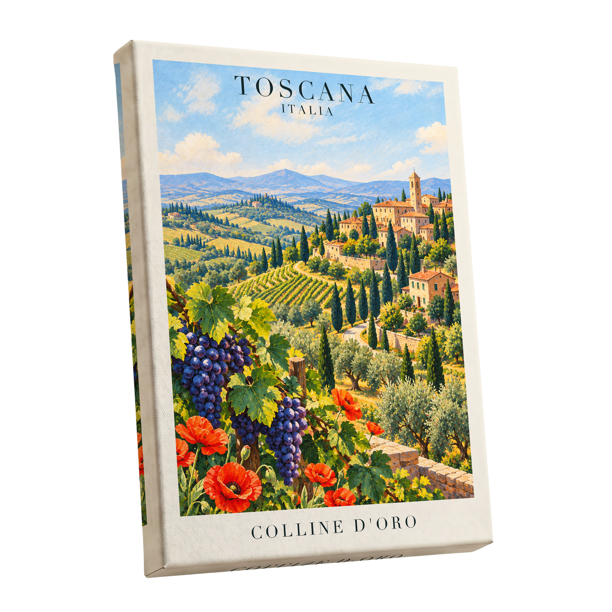 Tuscan Golden Hills, green, blue, beige nature wall art shown as a stretched canvas wall art
