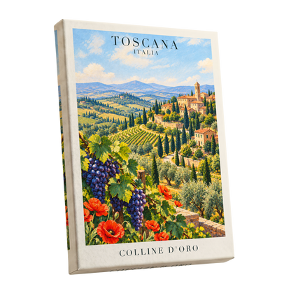 Tuscan Golden Hills, green, blue, beige nature wall art shown as a stretched canvas wall art