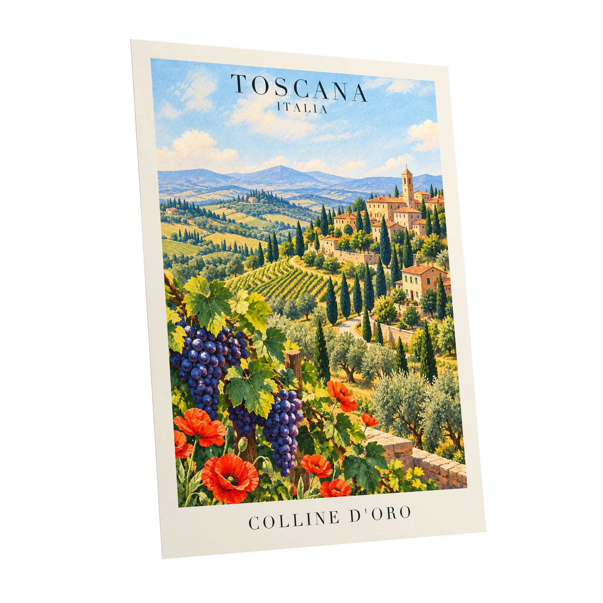 Tuscan Golden Hills, green, blue, beige nature wall art shown as a unframed poster wall art print