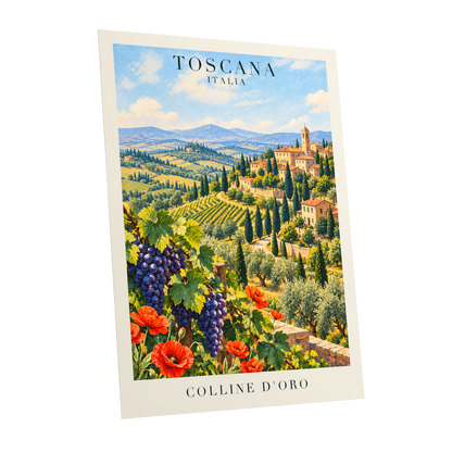 Tuscan Golden Hills, green, blue, beige nature wall art shown as a unframed poster wall art print