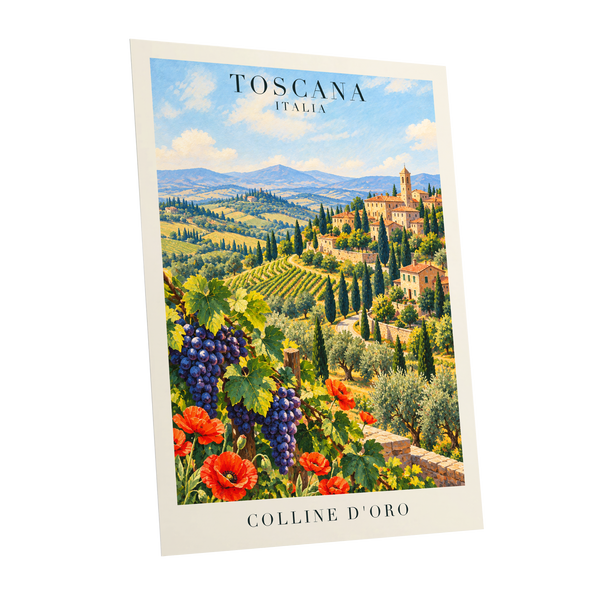 Tuscan Golden Hills, green, blue, beige nature wall art shown as a unframed poster wall art print
