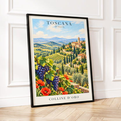 Tuscan Golden Hills, green, blue, beige nature wall art displayed in a styled interior, gallery view 2