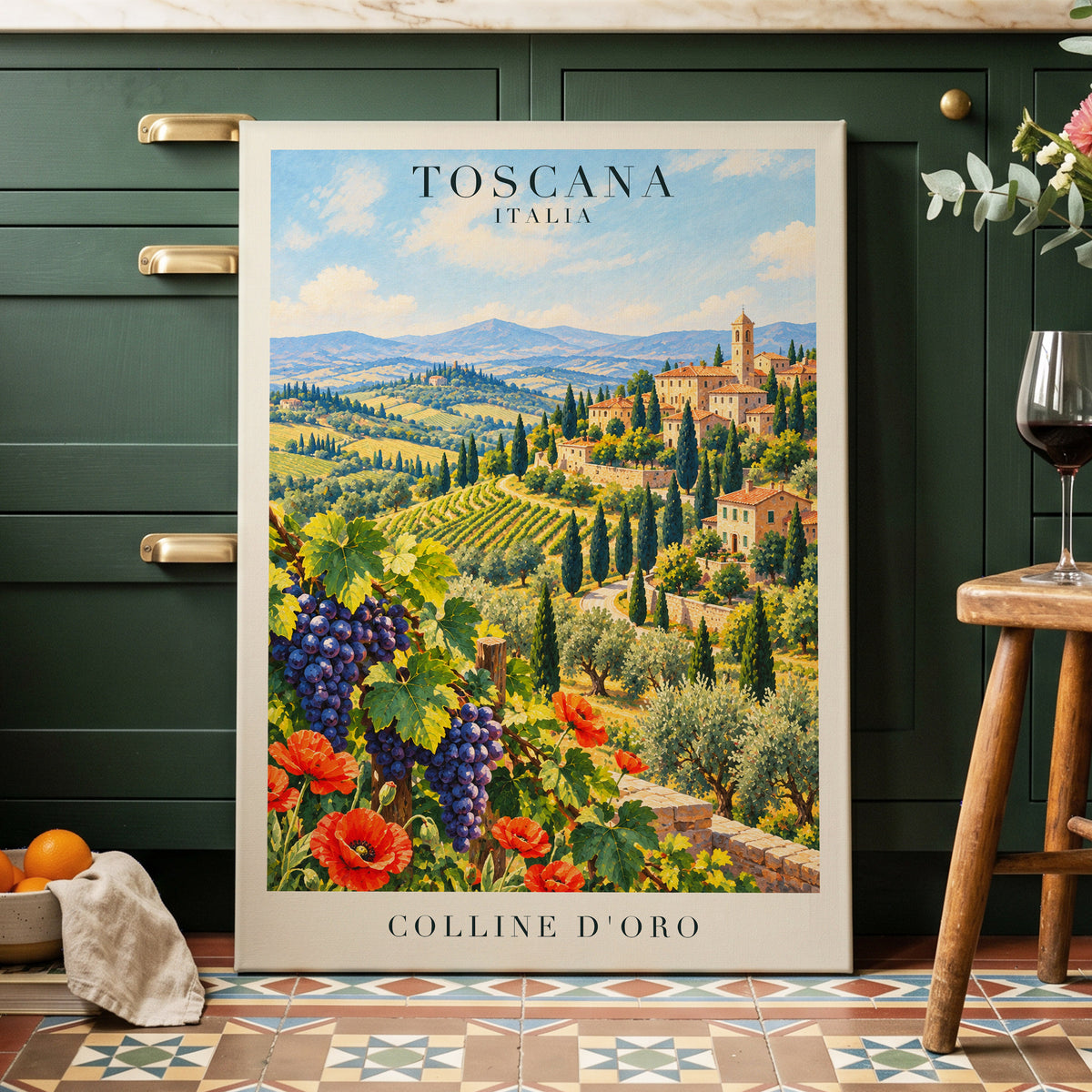 Tuscan Golden Hills, green, blue, beige nature wall art displayed in a styled interior, gallery view 3