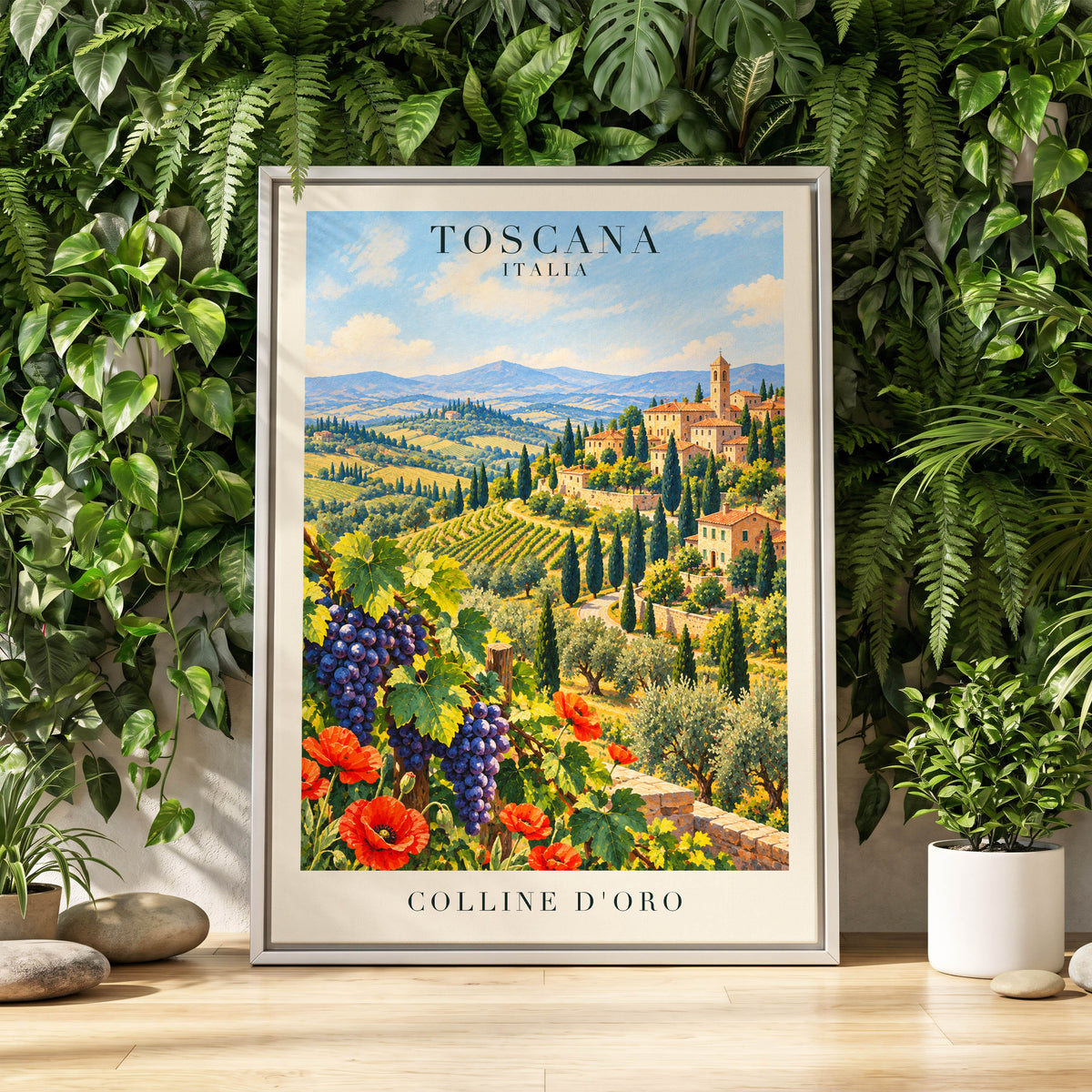 Tuscan Golden Hills, green, blue, beige nature wall art displayed in a styled interior, gallery view 4
