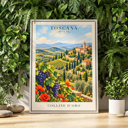 Tuscan Golden Hills, green, blue, beige nature wall art displayed in a styled interior, gallery view 4