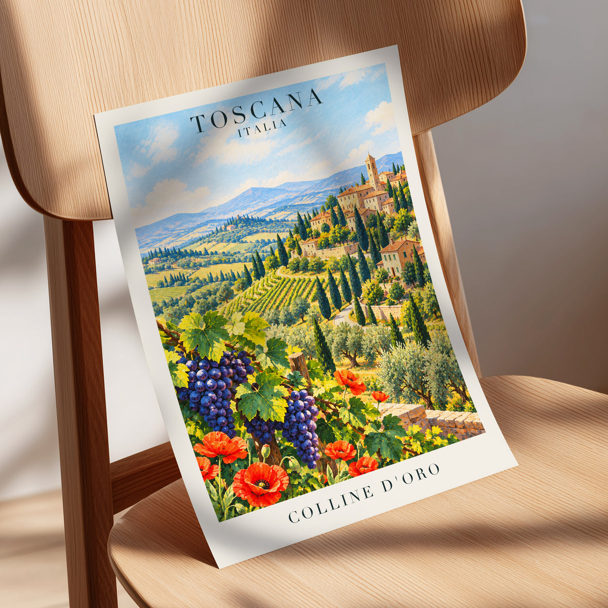 Tuscan Golden Hills, green, blue, beige nature wall art displayed in a styled interior, gallery view 5