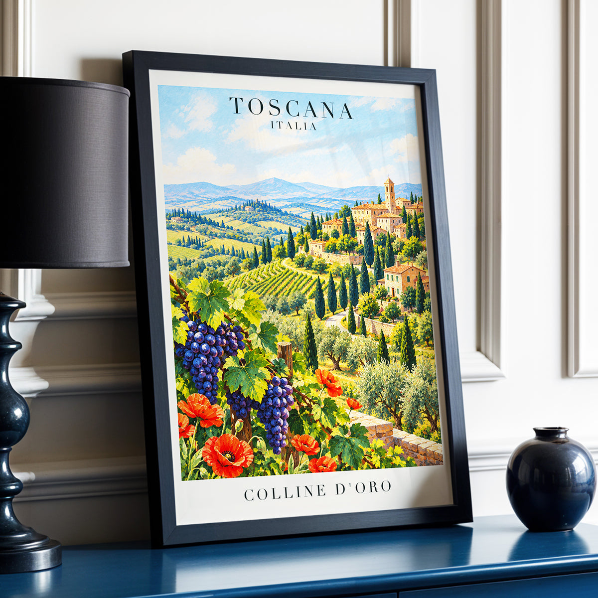 Tuscan Golden Hills, green, blue, beige nature wall art displayed in a styled interior, gallery view 6